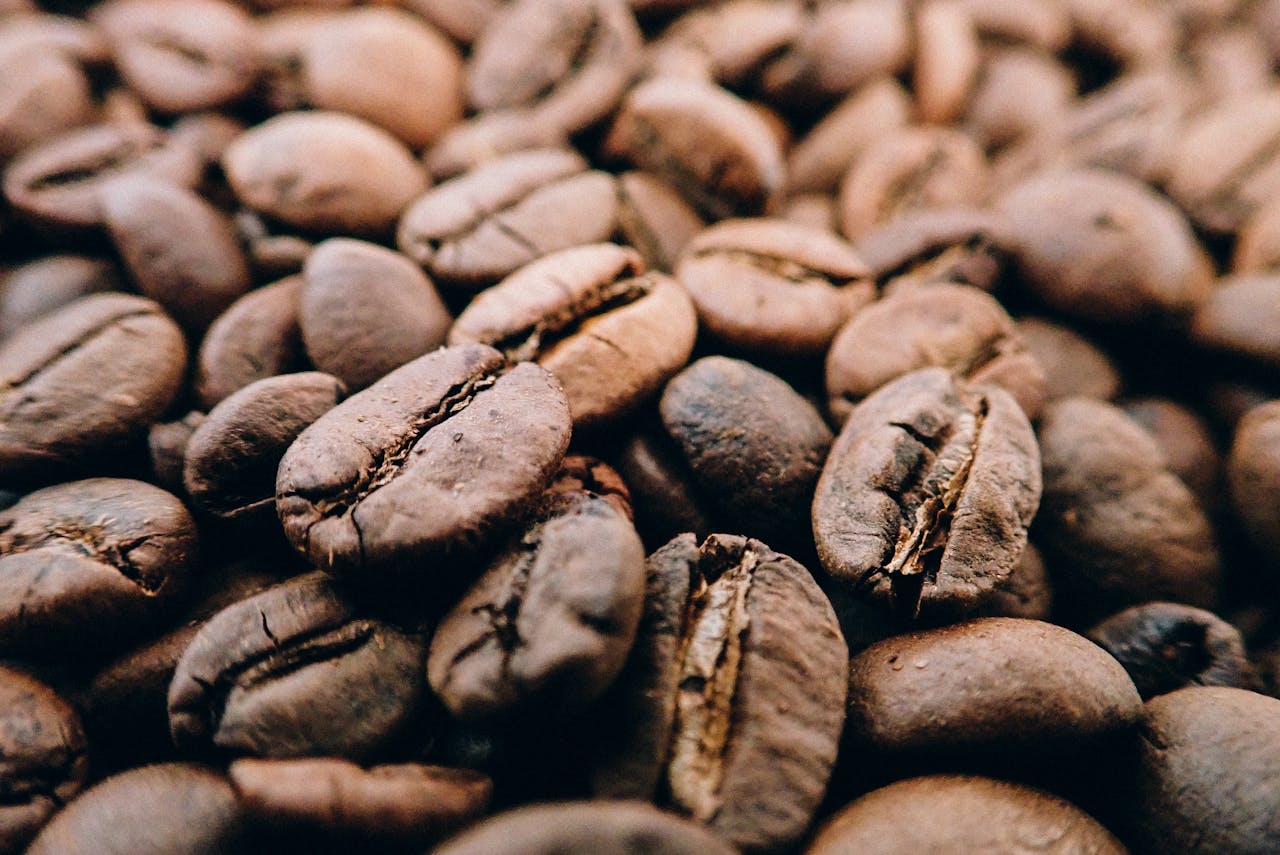 A detailed close-up of dark roasted coffee beans showcasing their rich texture and aromatic appeal.